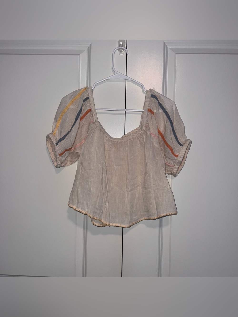 Urban Outfitters Cream Peasant Top with Yellow, Orange & Blue Stripes